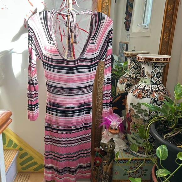 Guess Jeans Y2K Pink Striped Crochet Long Sleeve Dress L - Picture 15 of 16